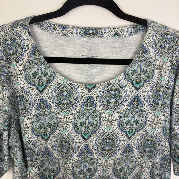 J.Jill Womens Pima-Slub Side Slit Scoop-Neck Blue Paisley Knit Tee Large Petite - Picture 3 of 8